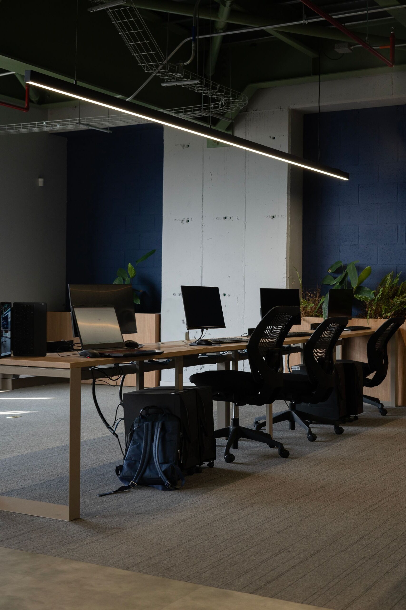 Contemporary coworking office space with desks, chairs, and computers in natural light.